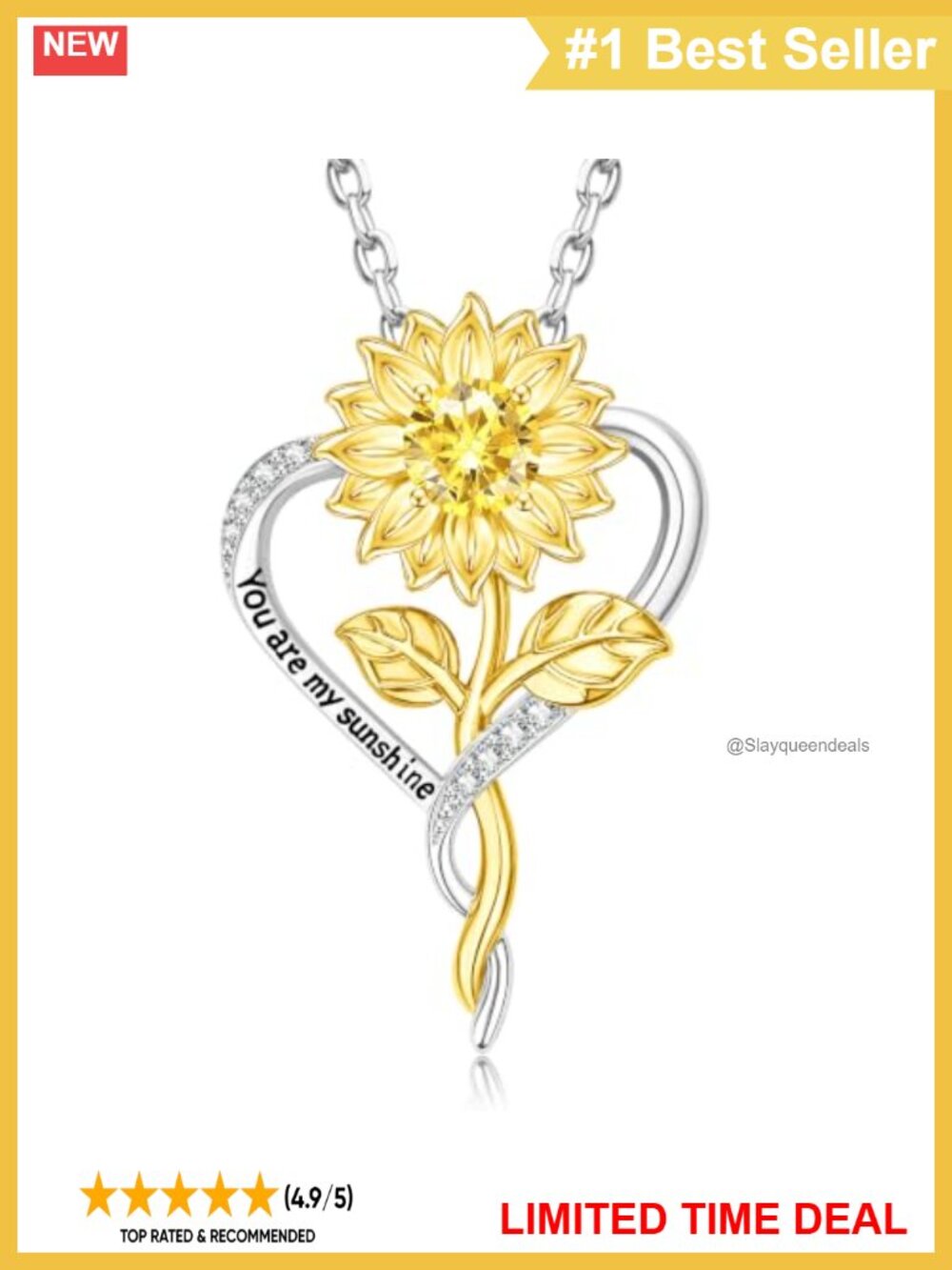 14k Gold Plated Sunflower Pendant Necklace Heart You Are My Sunshine Gift
